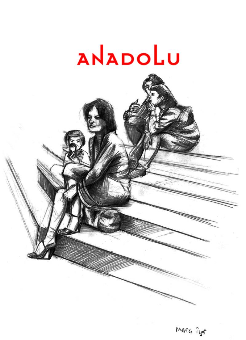 Karakalem Merdivende Oturan Anne Ve Çocuk Çizimi Diyarbakır